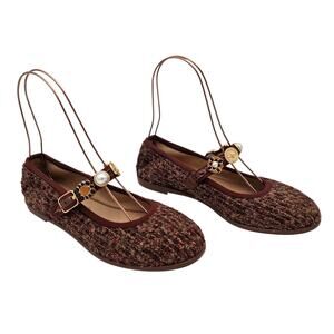 Chanel 24A Mary Jane Ballet Flat Wool Tweed Pearl Red Brown Size 38.5 US 7.5 8